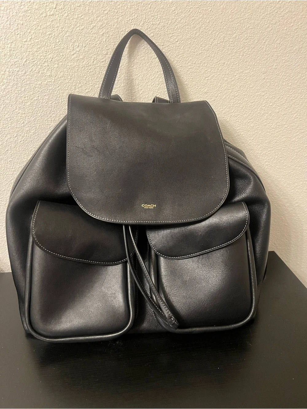 Coach Crosby Black Leather Flap Backpack with Front Pockets